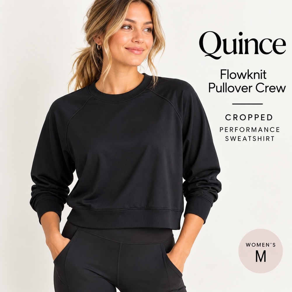 Quince Flowknit Pullover Crew Sweatshirt Women M Black Cropped Activewear NWT